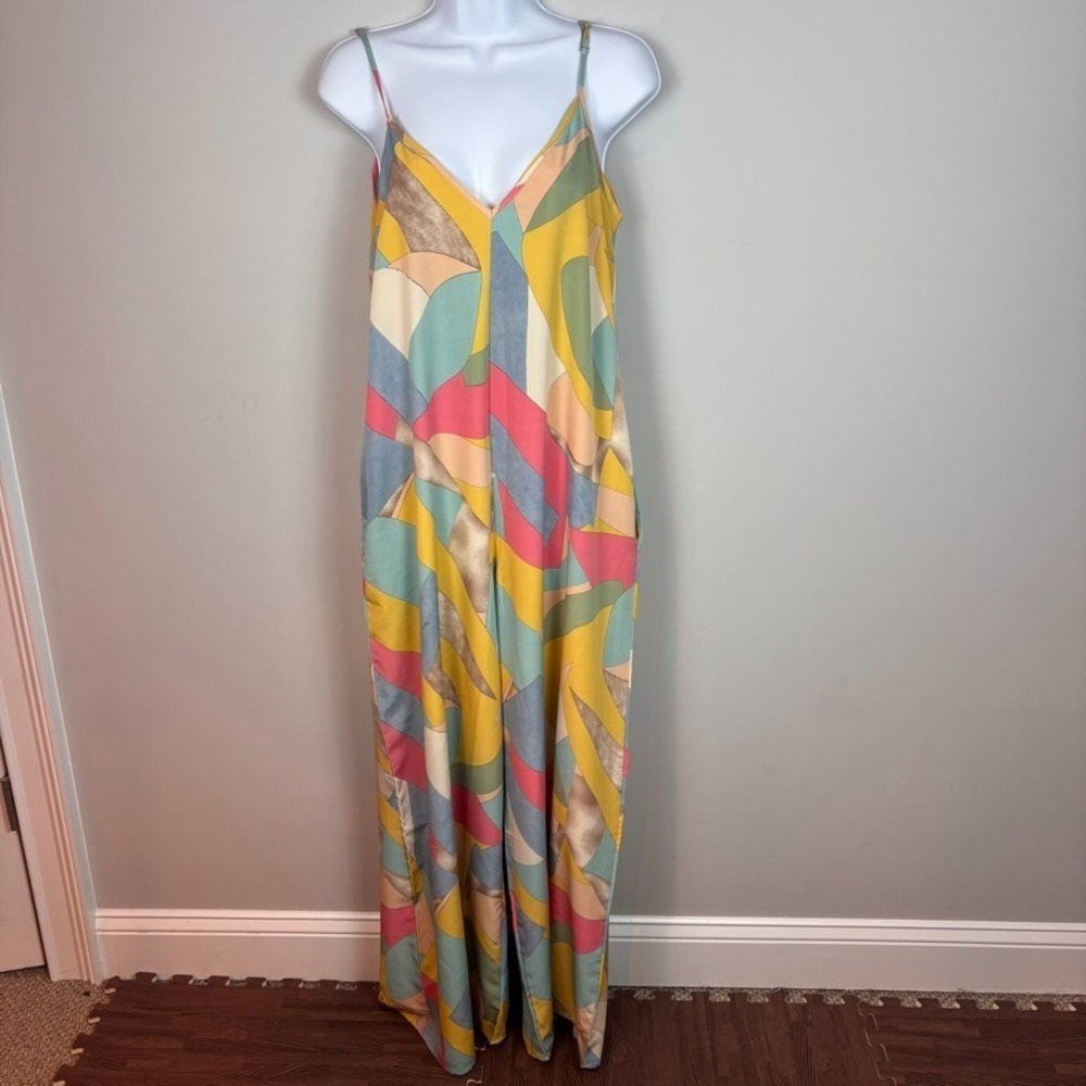 Luukse Womens Multicolor Geometric Wide Leg Sleeveless Jumpsuit sz SM‎ Colorful